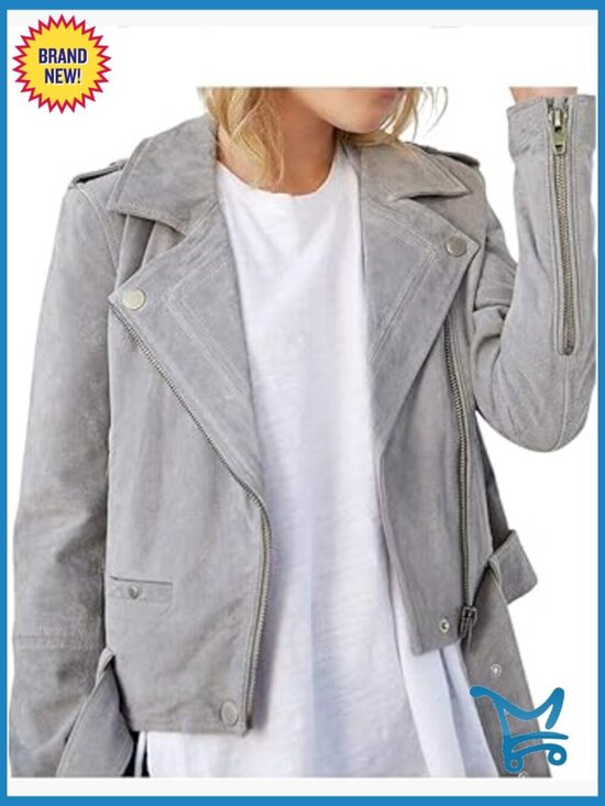 Jackets & Blazers - Suede Moto Jacket Cropped Fitted Biker Long Sleeve Lightweight Dry Clean